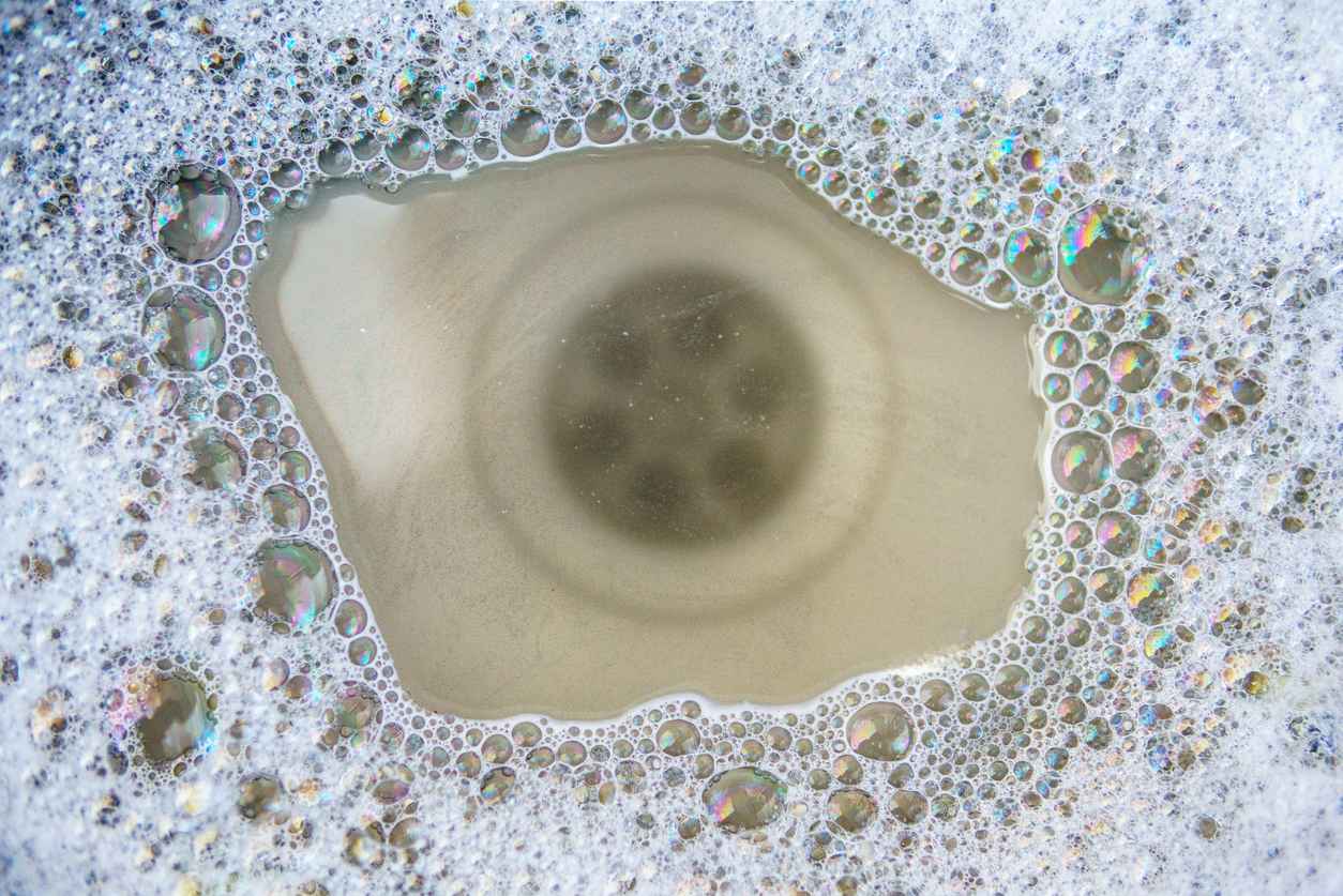 A clogged kitchen sink drain that is filled with water