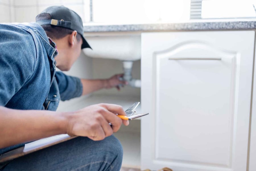 Male plumber checking for leaks under a kitchen sink with clipboard in his hand